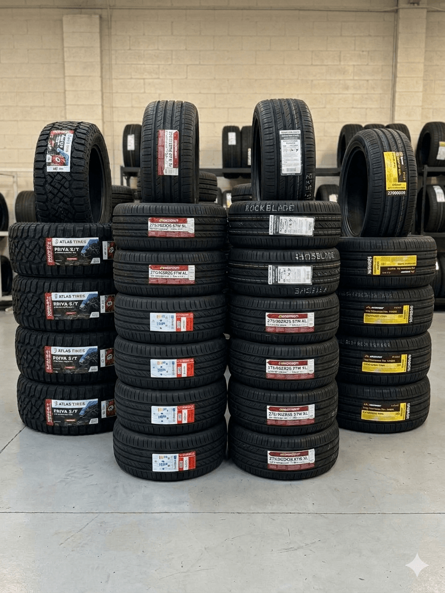 Eagle Tires stacked in shop